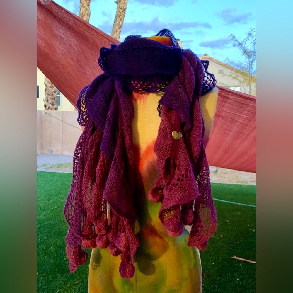 Purple and burgundy Betsey Johnson scarf with heart detail and pompoms